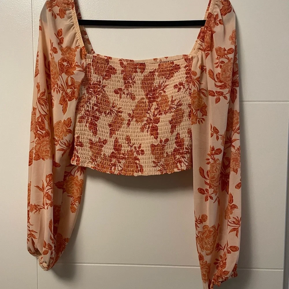 Dynamite Orange Smocked Crop Blouse - Picture 1 of 3